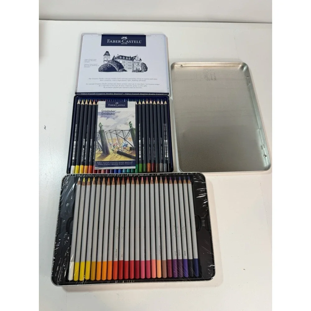 Lot of 2 Winsor & Newton & Faber-Castell Goldfaber 24 Colored Pencils Set Tins